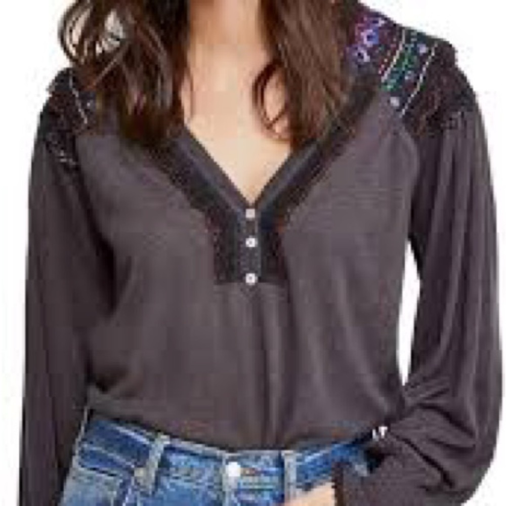 Free People Siesta Fiesta Embroidered Crochet Top Long Sleeve Boho Medium Gray